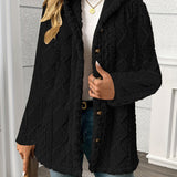 Women's Black Textured Button-Front Winter Coat with Relaxed Fit