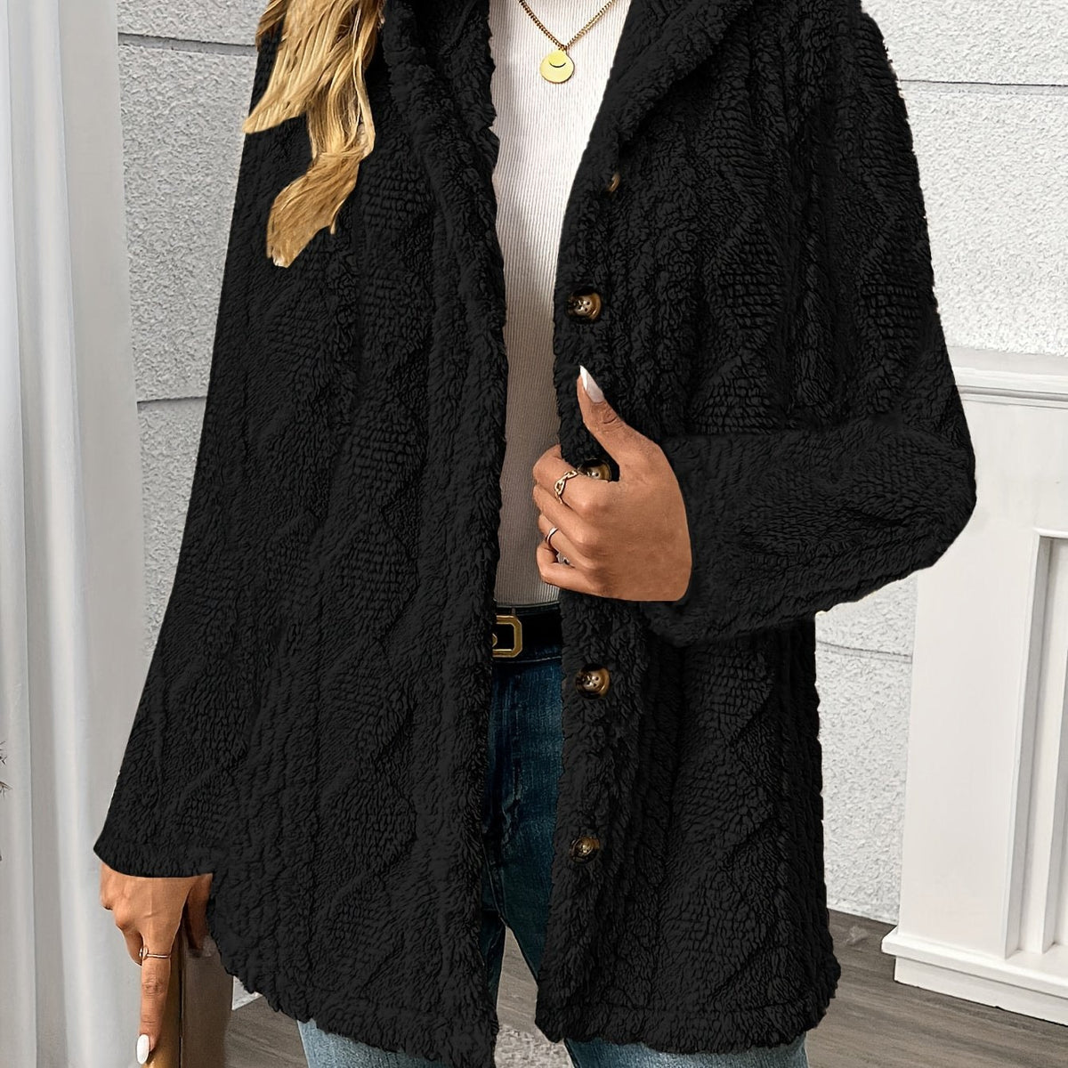 Women's Black Textured Button-Front Winter Coat with Relaxed Fit