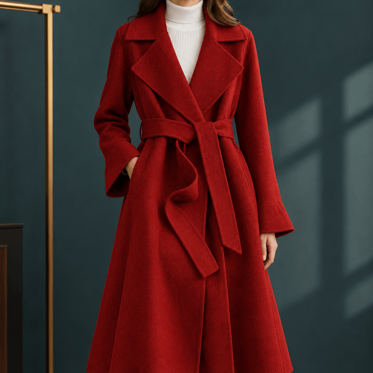 Giulia-Jane Women's Belted Wool Winter Coat with Notched Lapels and Wrap Front