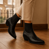Women's Western Leather Ankle Heeled Boots with Block Heel and Pointed Toe