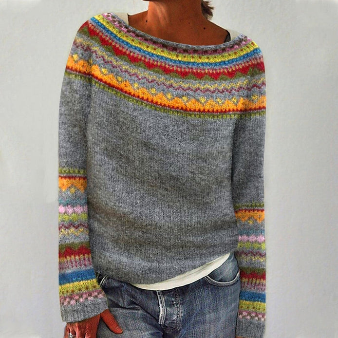 Dorothea Fair Isle Boat Neck Knit Jumper with Striped Trim