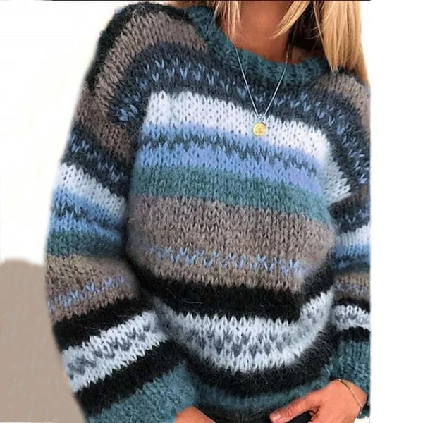 Drune Striped Fair Isle Crew Neck Wool Blend Knitted Jumper for Women