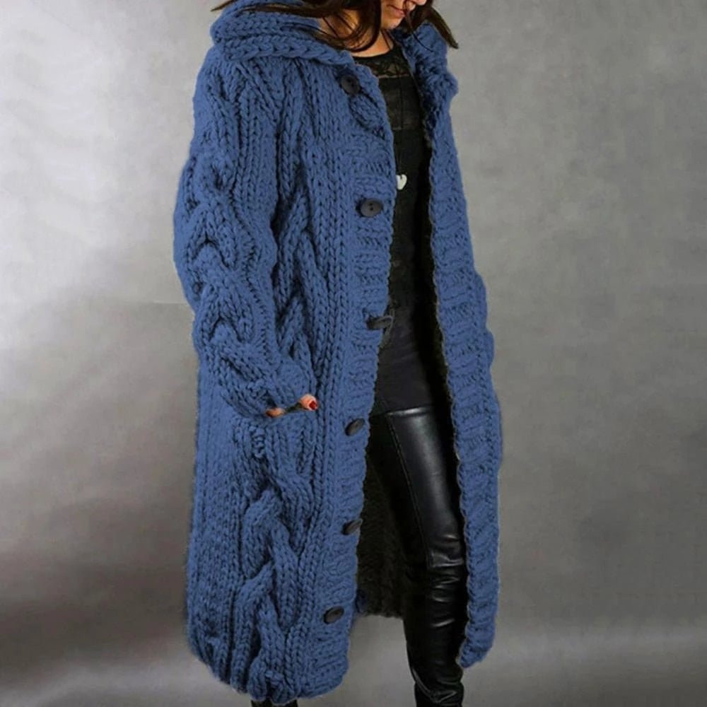 Chunky Hooded Long Cable-Knit Cardigan Coat with Pockets for Women