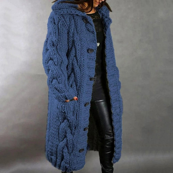 Chunky Hooded Long Cable-Knit Cardigan Coat with Pockets for Women