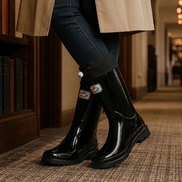 Women's Knee-High Glossy Rubber Wellies with Drawstring Cuff
