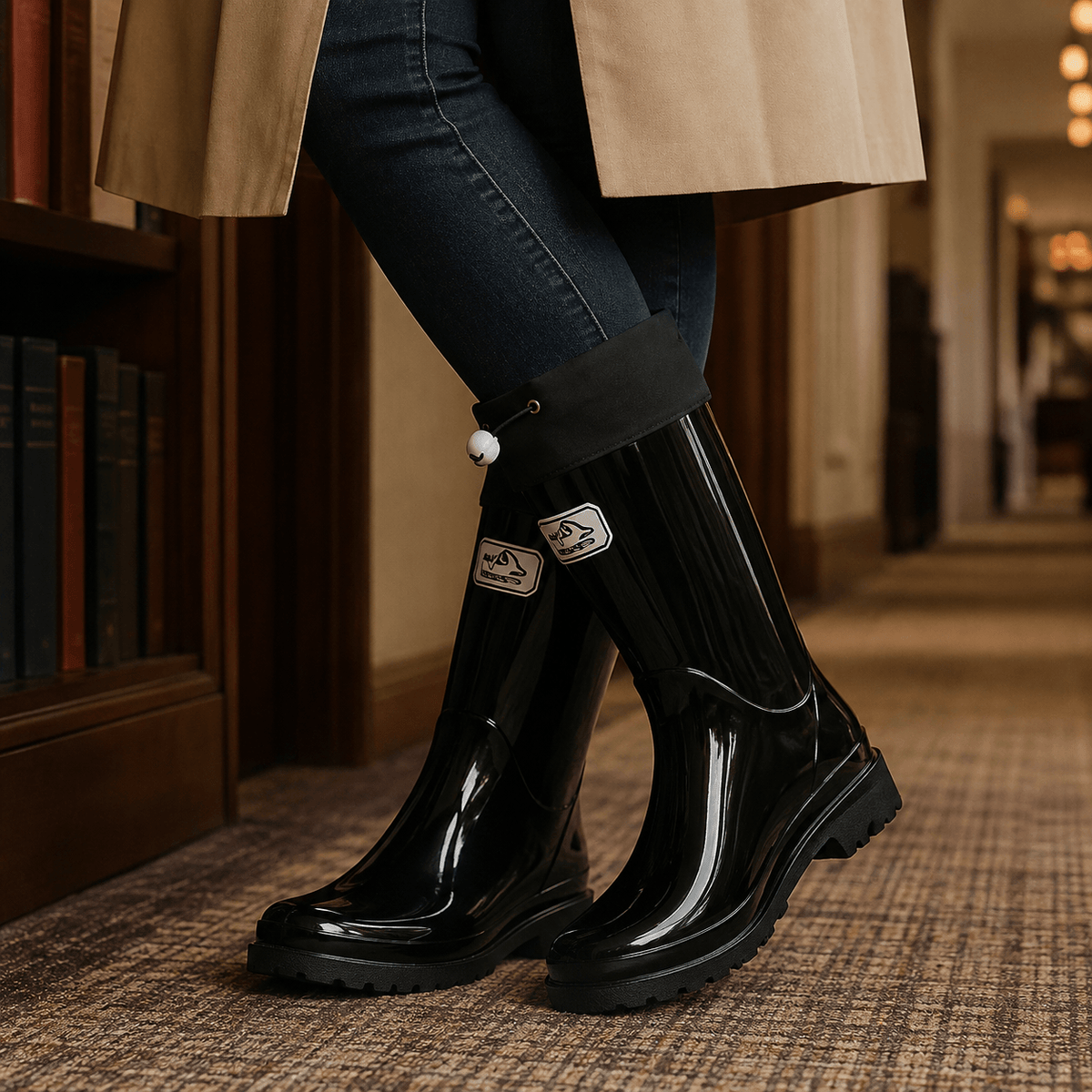 Women's Knee-High Glossy Rubber Wellies with Drawstring Cuff