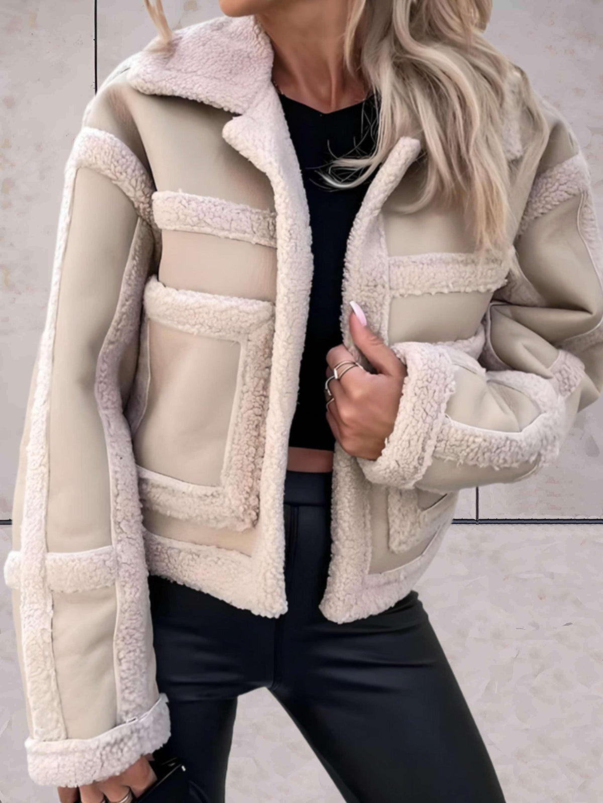 Women's Faux Shearling Panel Jacket with Notch Collar