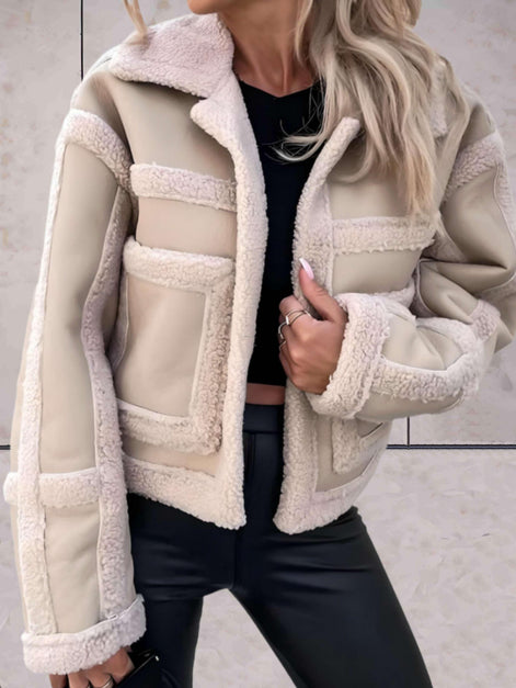 Women's Faux Shearling Panel Jacket with Notch Collar