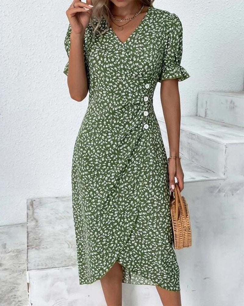 Floral Wrap Midi Dress for Wedding Guest and Christmas Party Wear