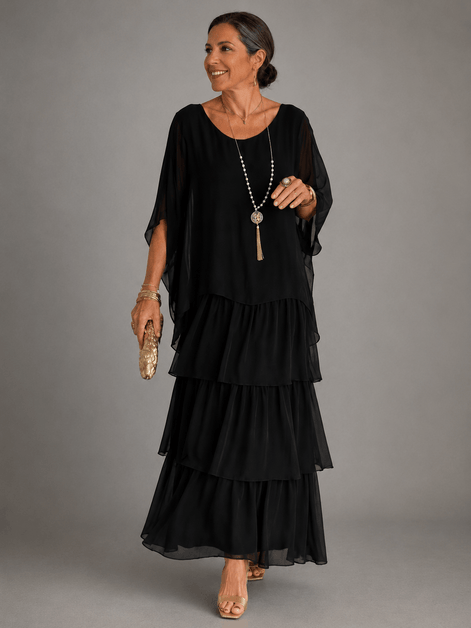 Tiered Chiffon Women's Maxi Dress with Flutter Sleeves and Layered Hem