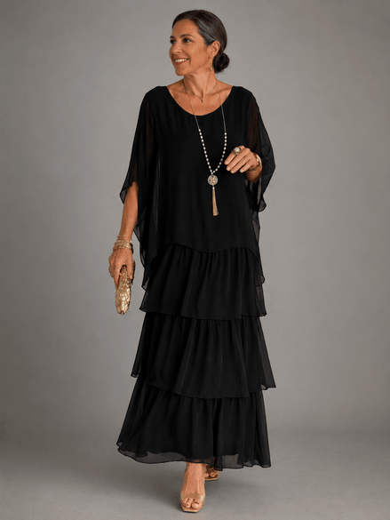 Tiered Chiffon Women's Maxi Dress with Flutter Sleeves and Layered Hem
