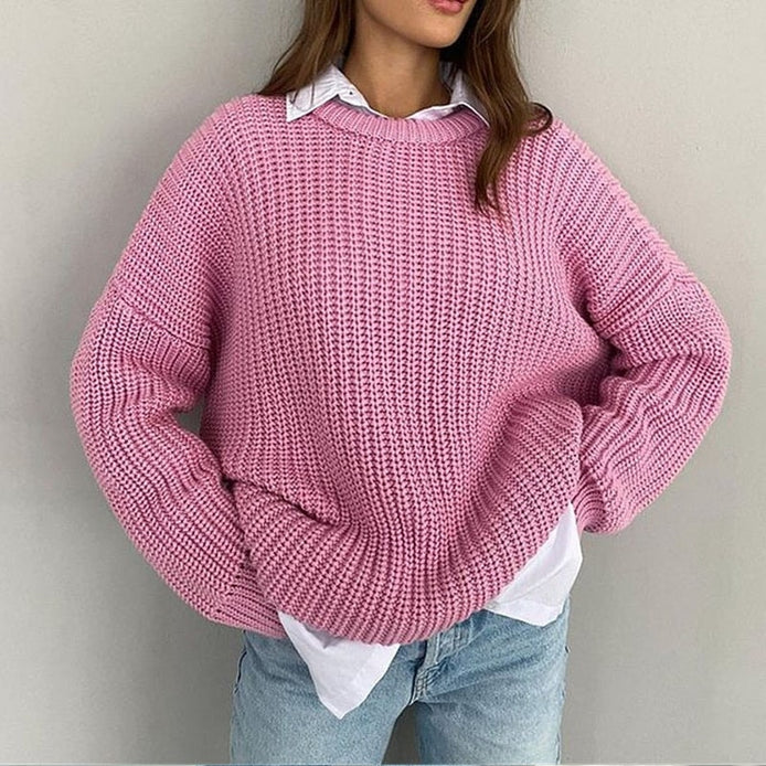 Women's Relaxed Fit Ribbed Knitted Jumper with Layered Collar