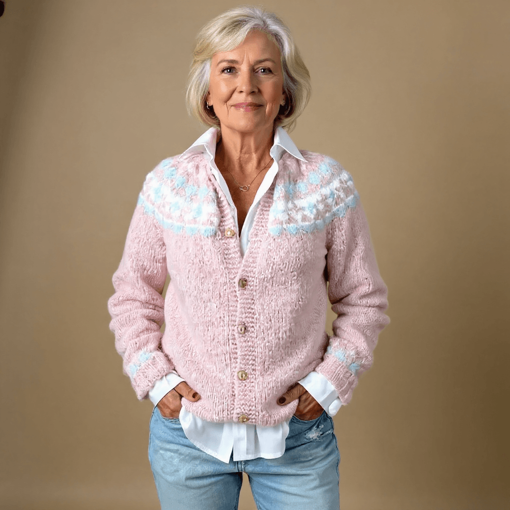 Women's Fair Isle Knitted Button-Up Cardigan with Pastel Pattern