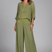 Adeline Draped Blouson Top and Wide-Leg Trouser Two Piece Set