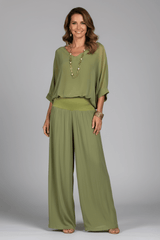 Adeline Draped Blouson Top and Wide-Leg Trouser Two Piece Set