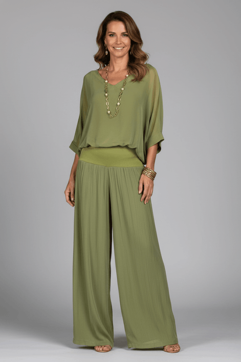Adeline Draped Blouson Top and Wide-Leg Trouser Two Piece Set