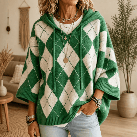 Women's Hooded Argyle Batwing Poncho Knitted Jumper with Relaxed Fit