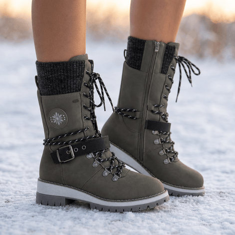 Women's Knit-Cuff Lace-Up Winter Boots with Buckle Strap