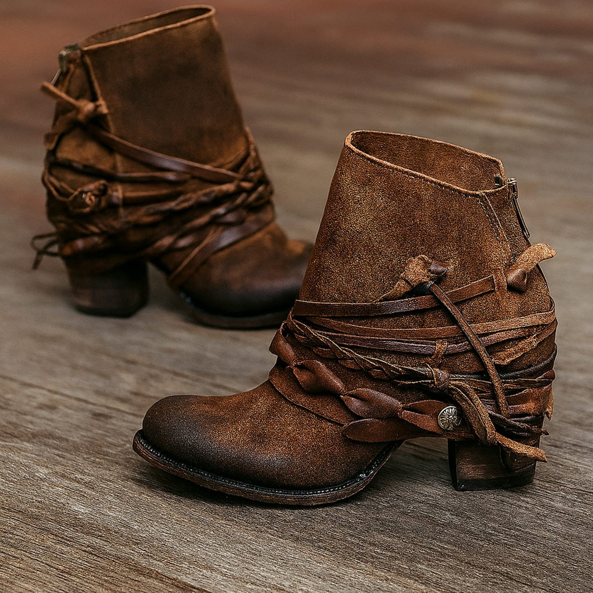 Women's Wrap Strap Block-Heel Ankle Boots with Western Detail