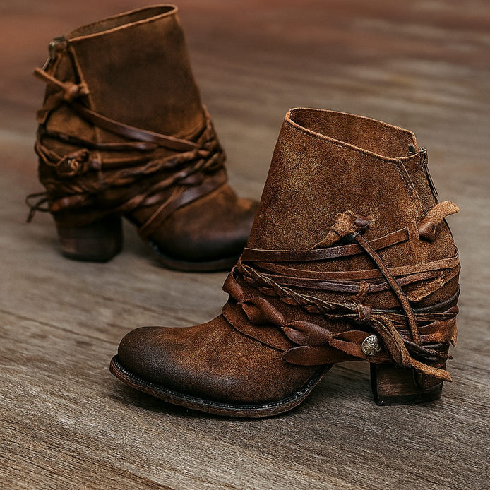 Women's Wrap Strap Block-Heel Ankle Boots with Western Detail
