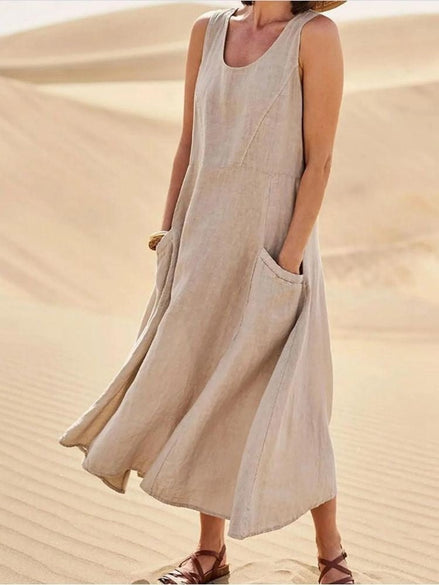 Sleeveless Linen Midi Dress with Pockets for a Christmas Party