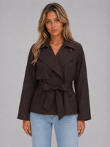 Cropped Double-Breasted Trench Coat with Tie Waist for Women