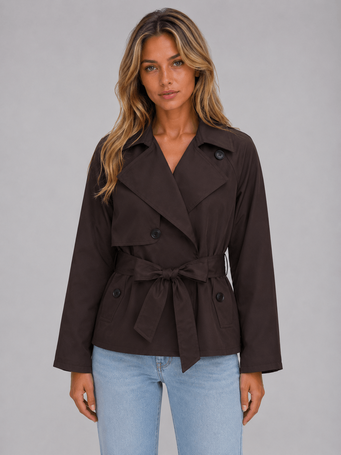 Cropped Double-Breasted Trench Coat with Tie Waist for Women