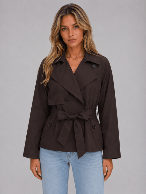 Cropped Double-Breasted Trench Coat with Tie Waist for Women