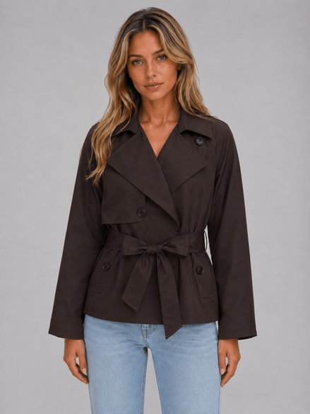 Cropped Double-Breasted Trench Coat with Tie Waist for Women