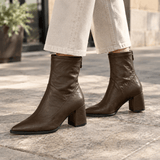 Aldobrandi Pointed-Toe Faux Leather Women's Ankle Boots with Block Heel and Rear Zip