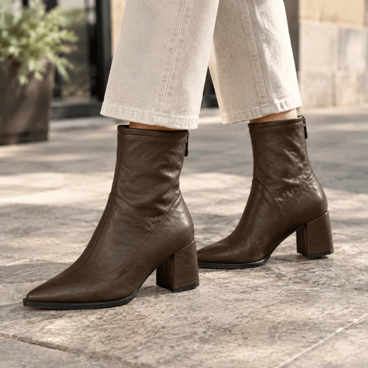 Aldobrandi Pointed-Toe Faux Leather Women's Ankle Boots with Block Heel and Rear Zip