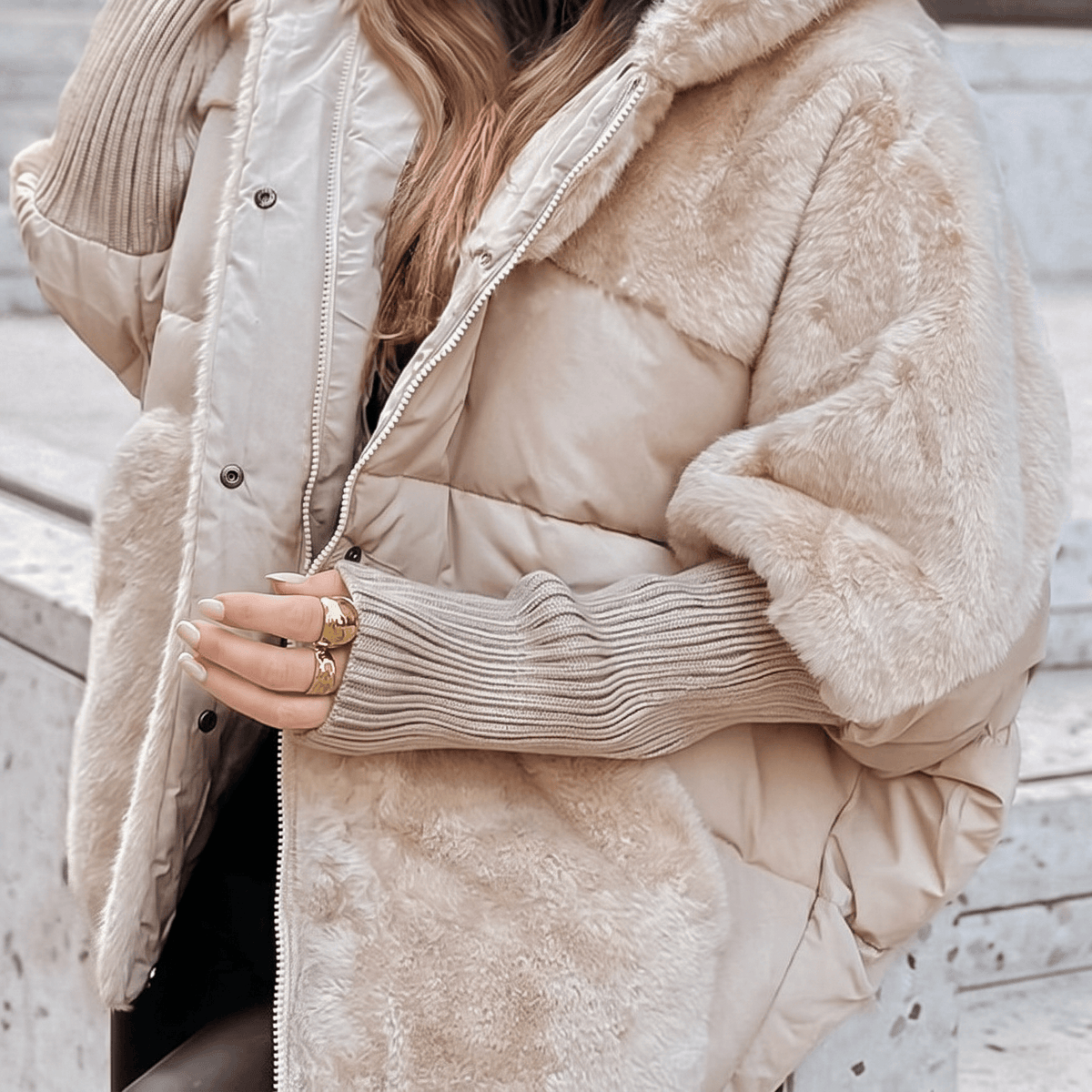 Amara Plush Faux Fur Hooded Women's Coat with Ribbed Cuffs