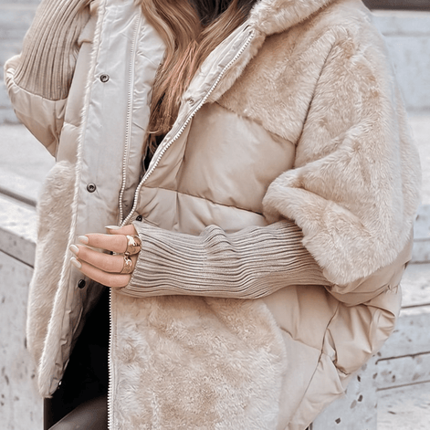 Amara Plush Faux Fur Hooded Women's Coat with Ribbed Cuffs