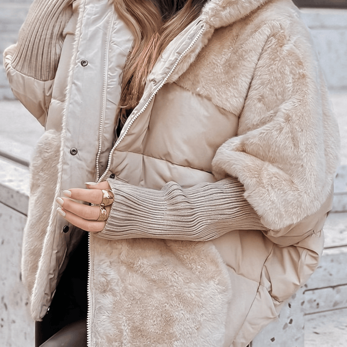 Amara Plush Faux Fur Hooded Women's Coat with Ribbed Cuffs