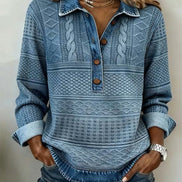 Melkorka Denim-Effect Collared Cable Knit Top with Long Sleeves