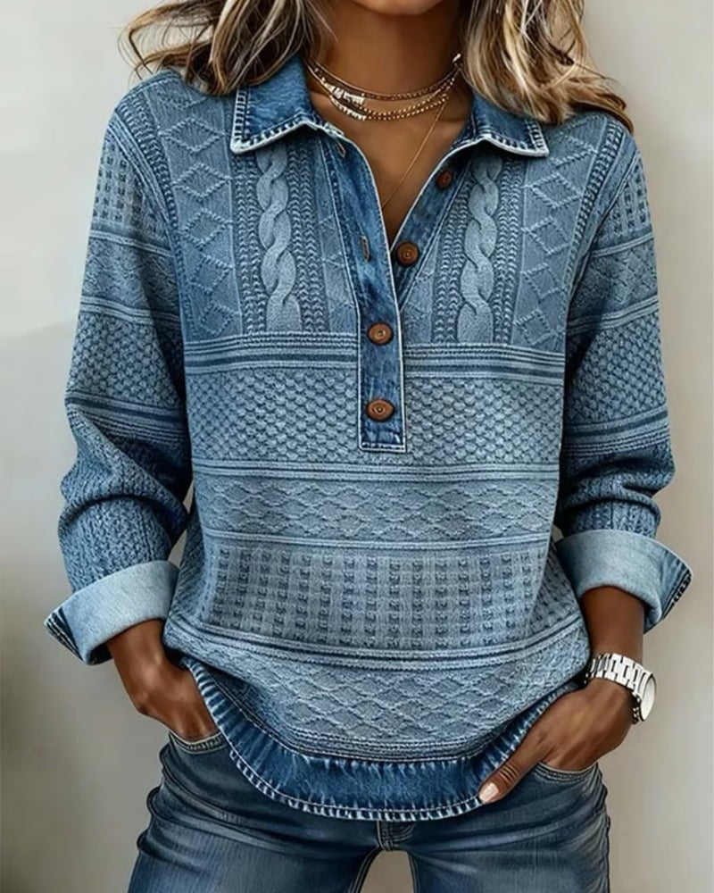 Melkorka Denim-Effect Collared Cable Knit Top with Long Sleeves