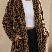 Women's Leopard Print Faux Fur Longline Coat with Open Front