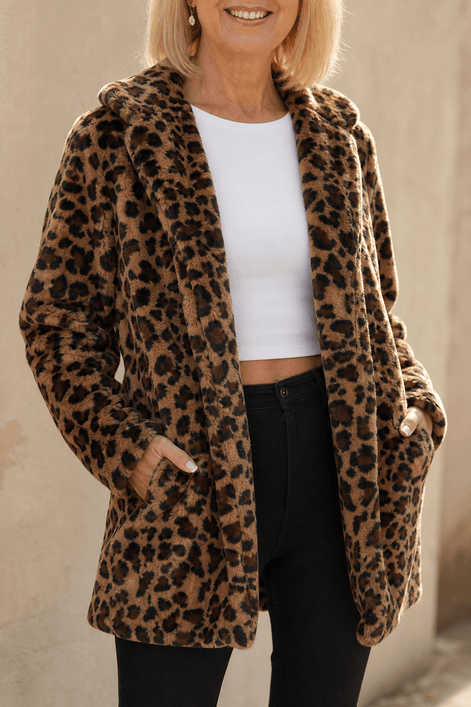 Women's Leopard Print Faux Fur Longline Coat with Open Front
