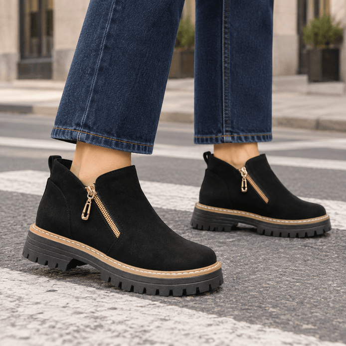 Women's Lugged-Sole Suede Zip-Up Ankle Boots