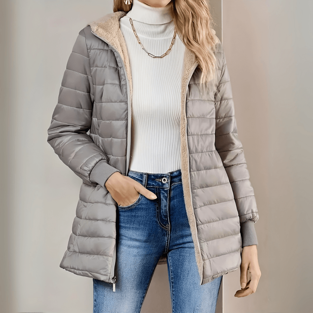 Women's Hooded Fleece-Lined Quilted Puffer Jacket with Longline Fit
