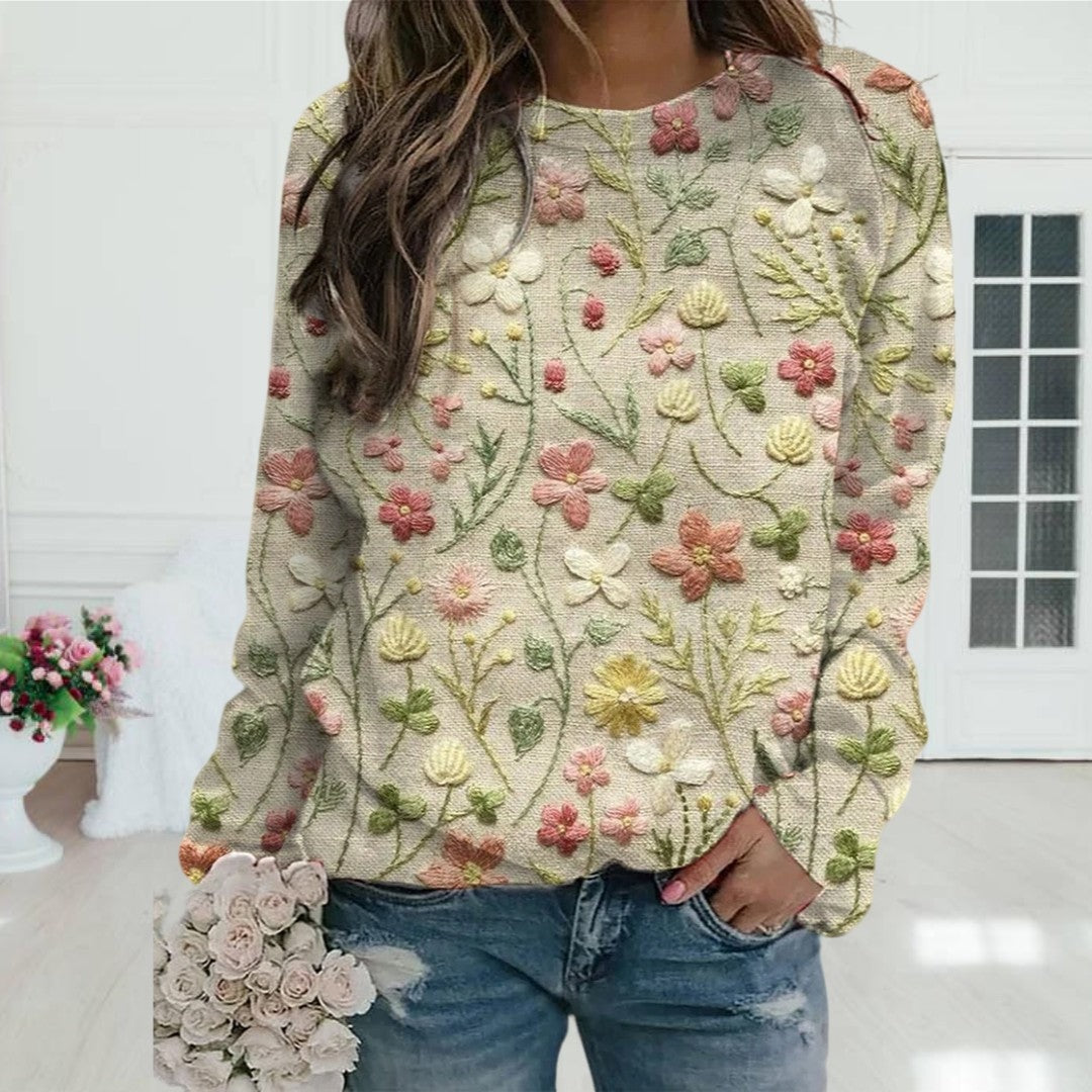 Madeline Floral Embroidered Cotton Blend Long Sleeve Blouse for Women