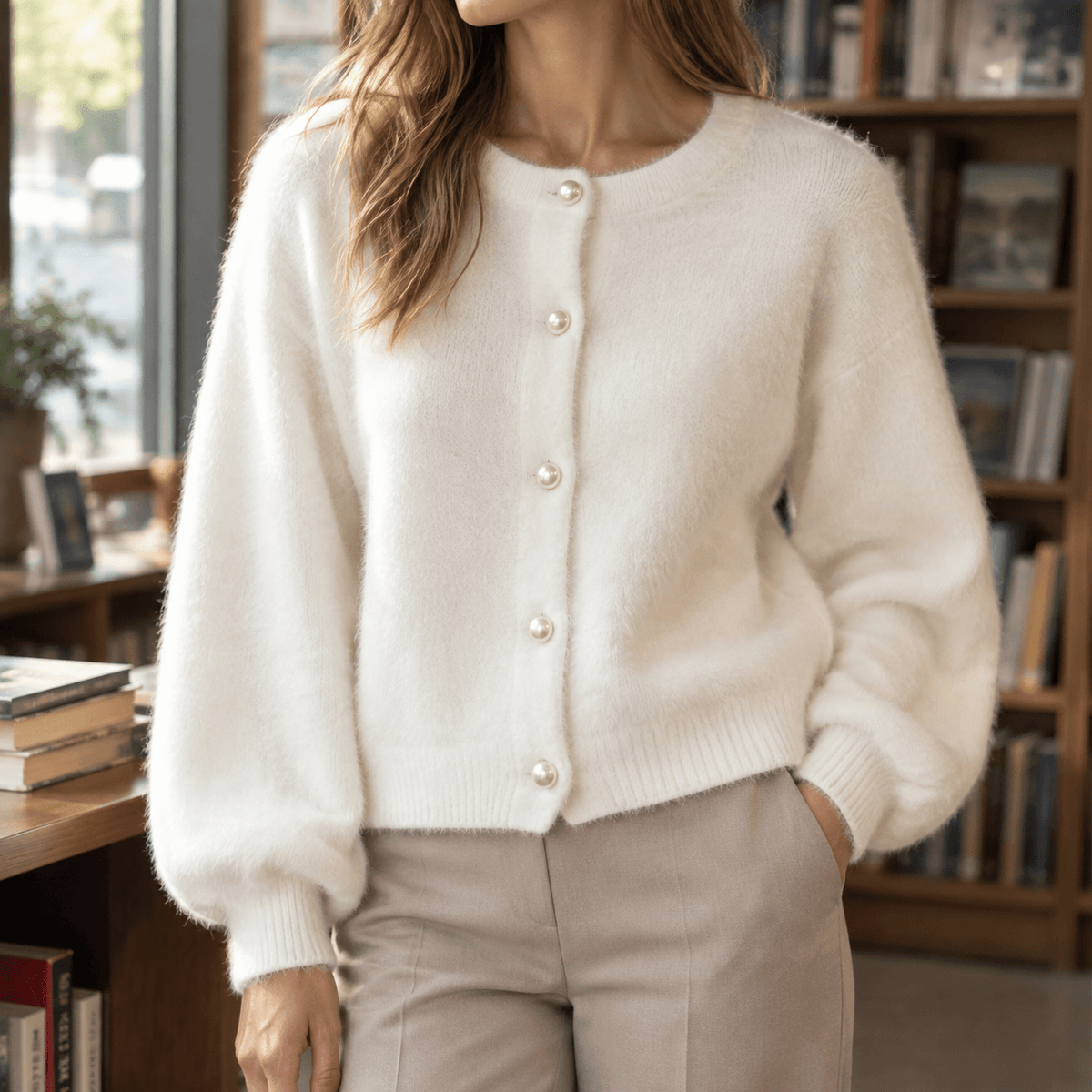 Oriane-Claire Fuzzy Knitted Cardigan for Women with Pearl Buttons