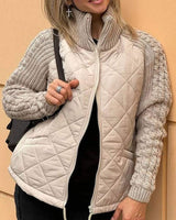 Quilted Puffer Jacket with Knitted Sleeves for Women