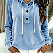 Women's Velvet Hooded Sweatshirt with Button Placket and Drawstring