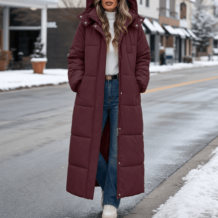 Women's Long Hooded Quilted Puffer Jacket with Pockets in Polyester