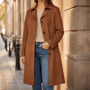 Women's Long Suede-Effect Button-Front Coat with Clean Vertical Line