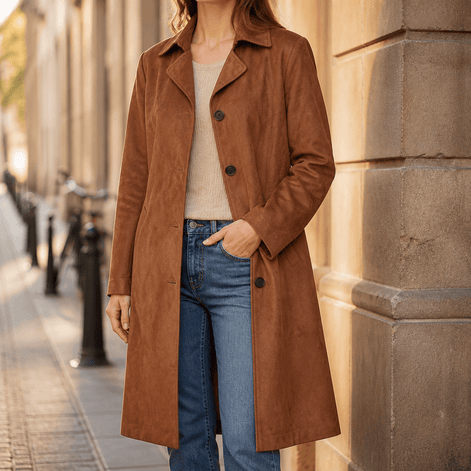 Women's Long Suede-Effect Button-Front Coat with Clean Vertical Line
