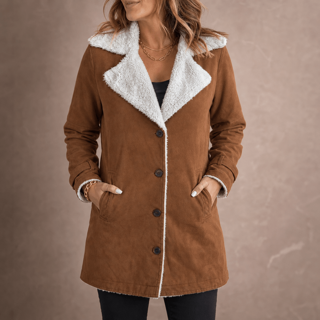 Sherpa-Lined Suede-Finish Lapel Jacket with Mid-Length Tailored Cut