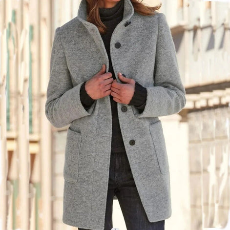Drune Collared Wool Blend Winter Coat with Button Front for Women
