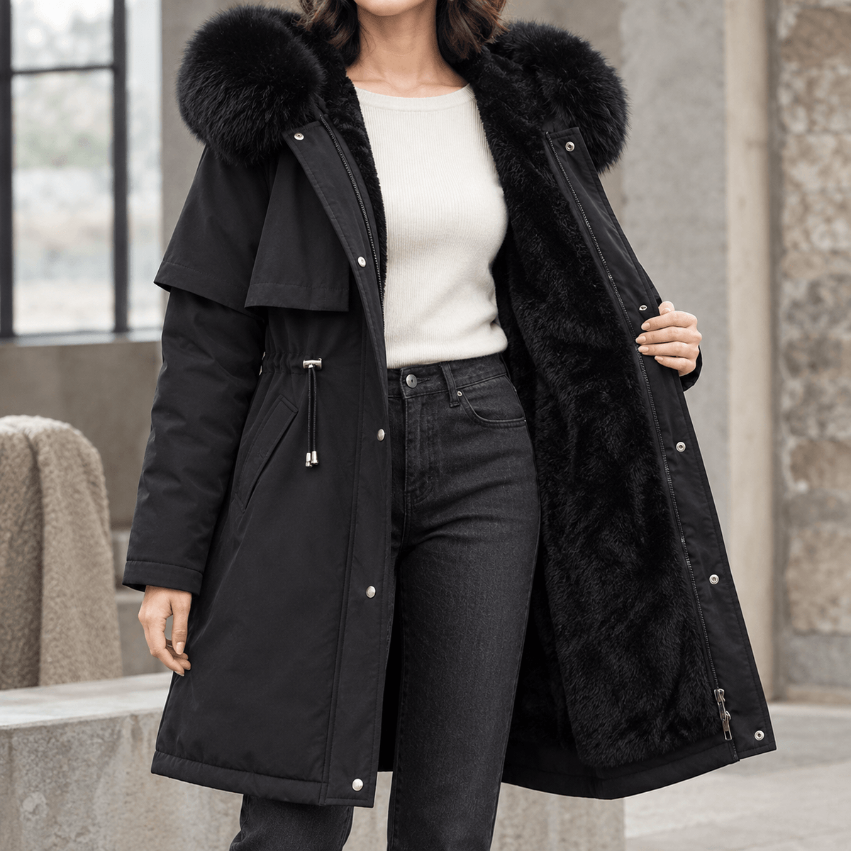 Agnes-Hope Women's Longline Hooded Winter Coat with Faux Fur Trim and Drawcord Waist